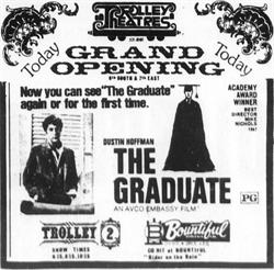 Grand Opening Today ad for Trolley Theatres.